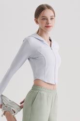 Soft Round Crop Zip-Up Hoodie - Light Gray