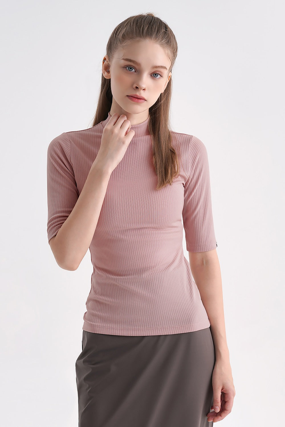 Ribbed Mock-Neck Short-Sleeve Top - Indie Pink
