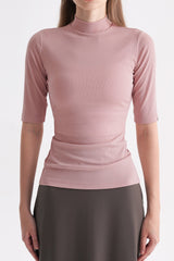 Ribbed Mock-Neck Short-Sleeve Top - Black