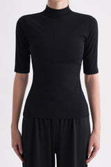Ribbed Mock-Neck Short-Sleeve Top - Black