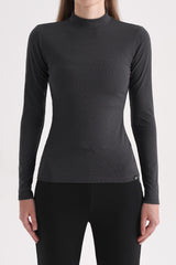 Ribbed Mock-Neck Long-Sleeve Top - Charcoal