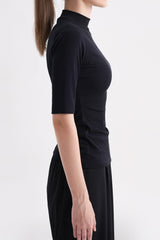 Ribbed Mock-Neck Short-Sleeve Top - Black