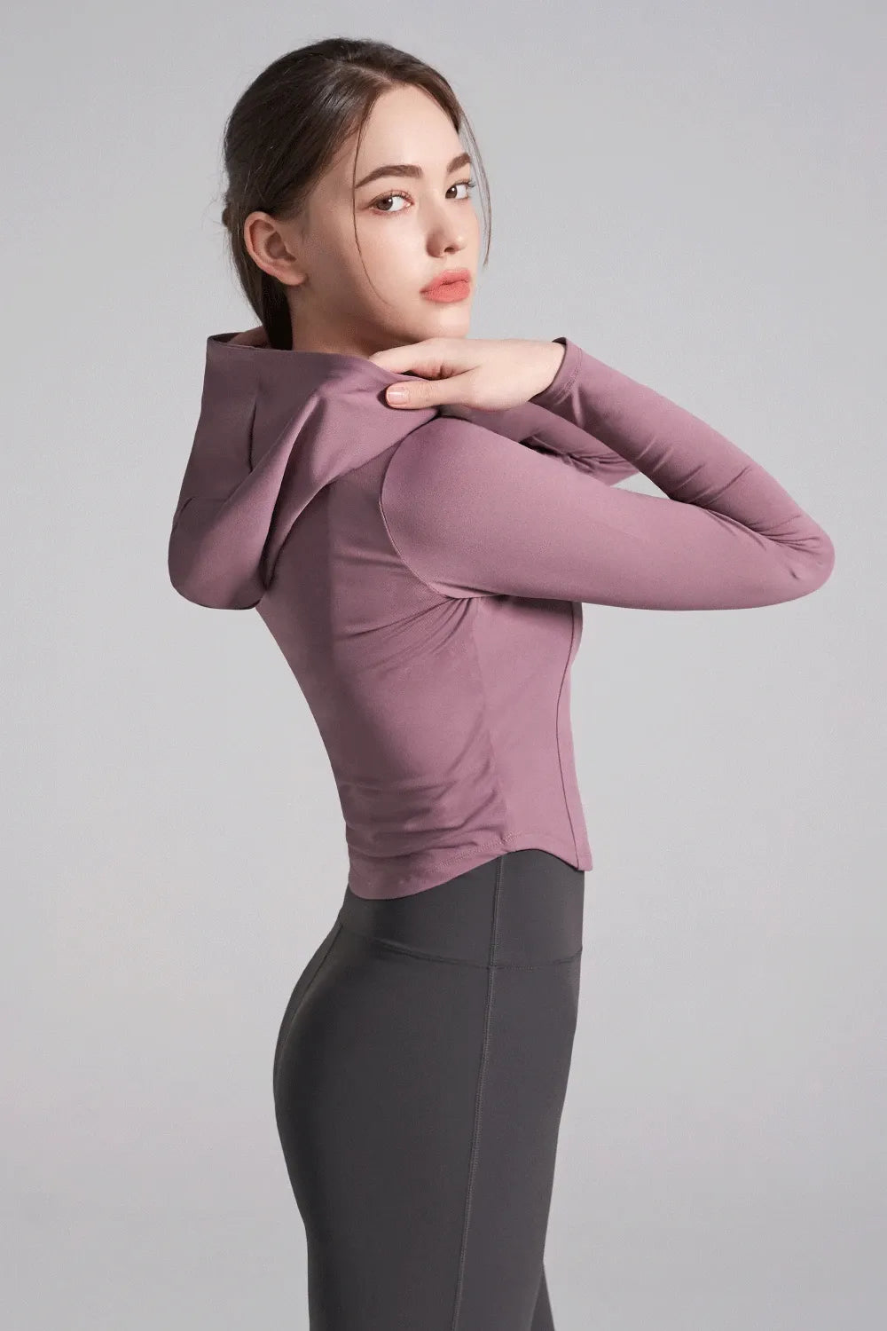 Soft Round Crop Zip-Up Hoodie - Plum Purple