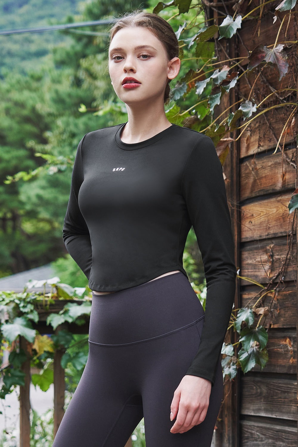 SKPG Round Neck Long Sleeve Crop Top - Charcoal