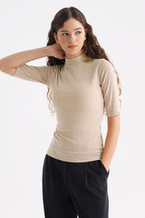 Ribbed Mock-Neck Short-Sleeve Top - Black